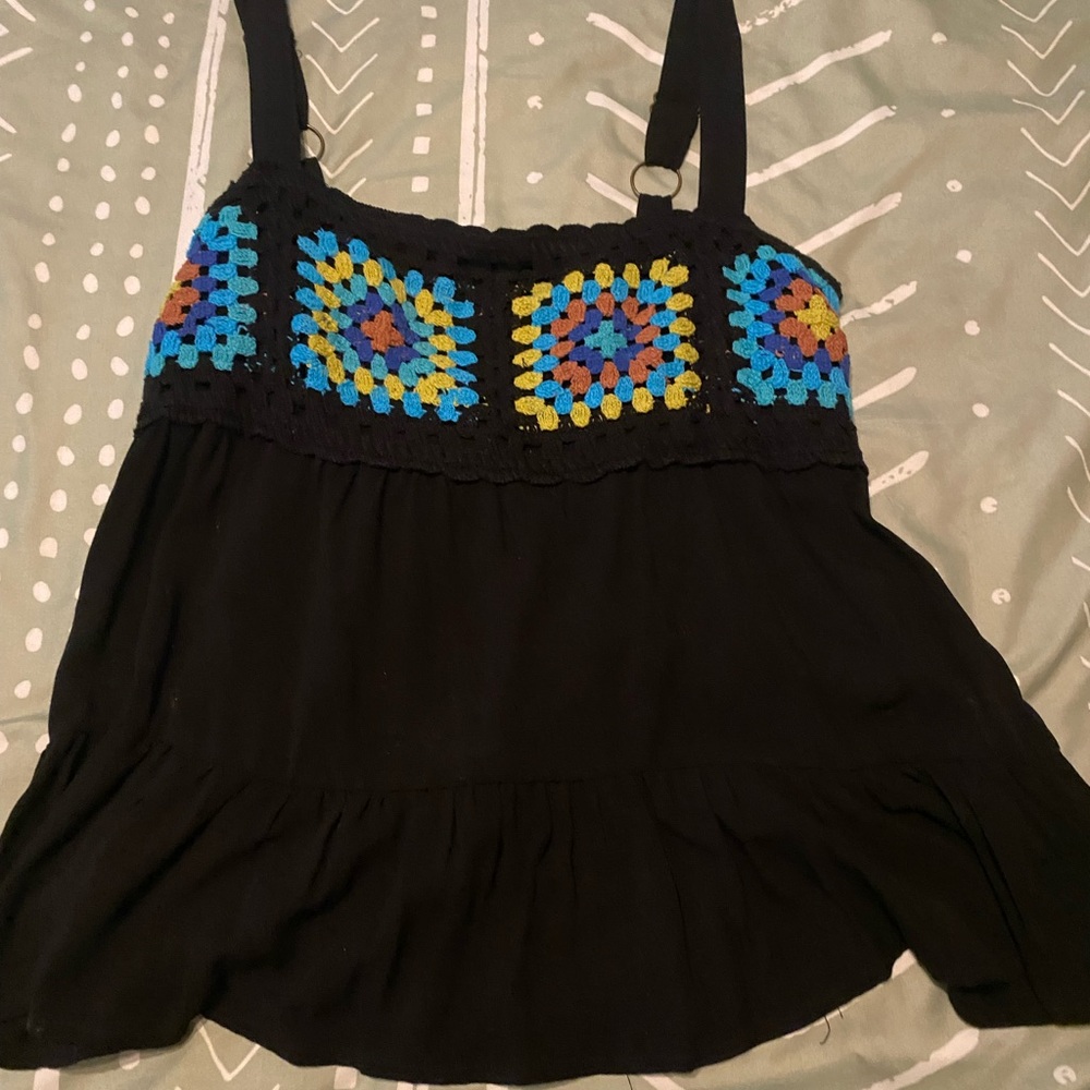 SOLD SO Black Tank Top with Colorful Crochet Accents